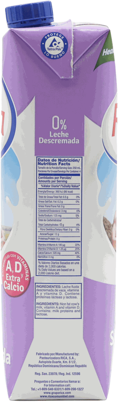 Leche Descremada 0% Grasa Rica 1 LT - Precio en RD | SupermercadosRD