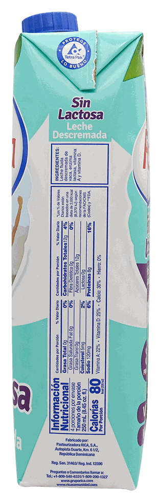 Leche Descremada Sin Lactosa 0% Grasa Rica 1 LT - Precio en RD ...